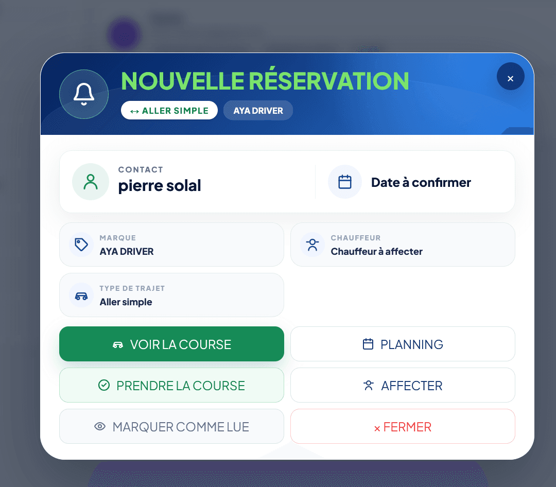 Réservation VTC reçue dans MVC GO
